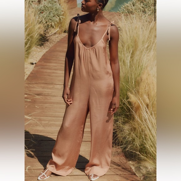 Stateside Viscose Satin Jumpsuit in Cafe - Picture 3 of 5